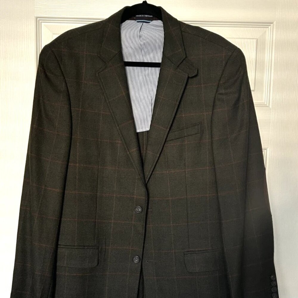 Tommy Hilfiger Blazer 40L Brown Wool Windowpane Elbow Patch Sport Coat Jacket